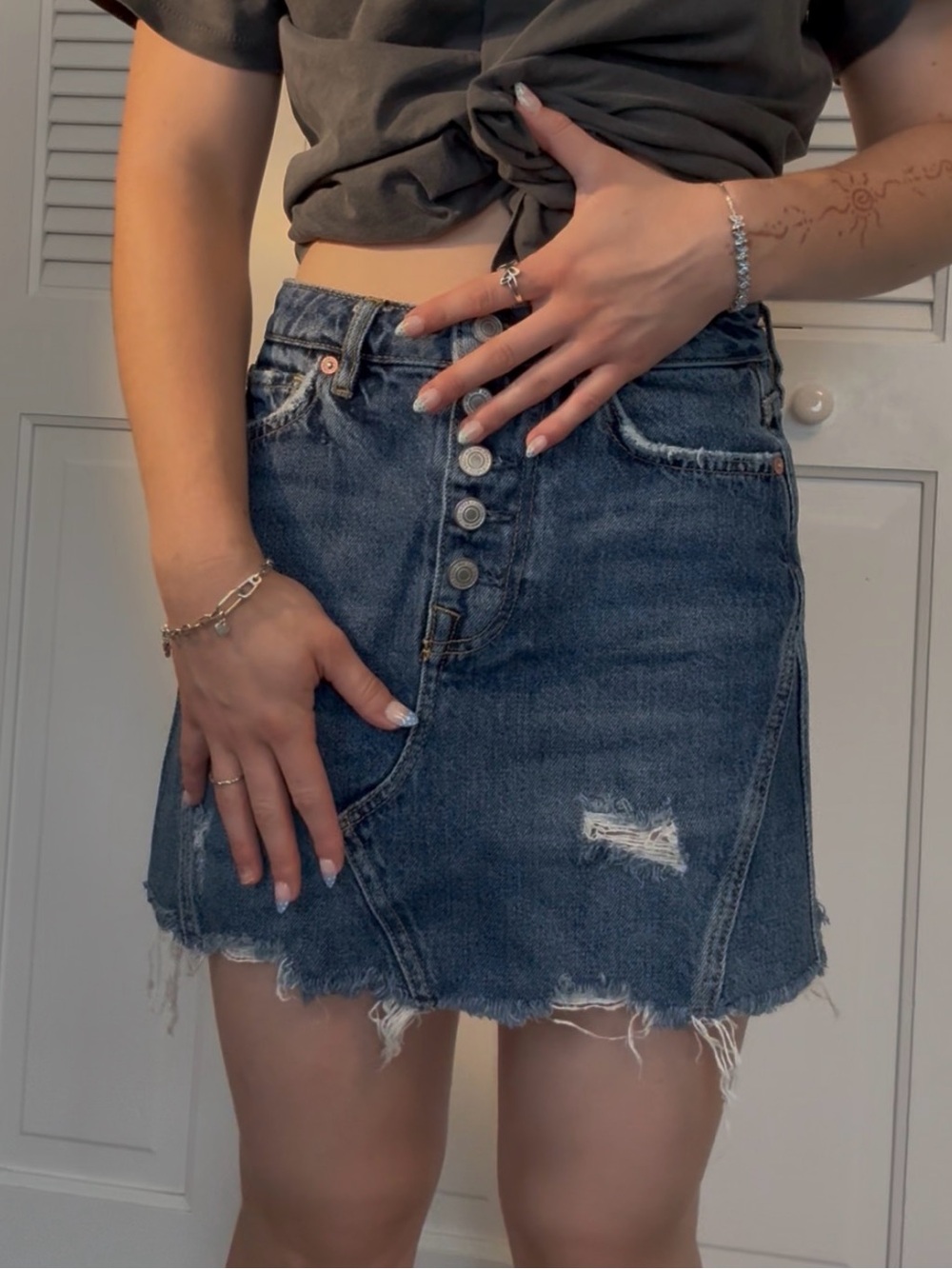 We The Free Distressed Dark Blue Denim Skirt